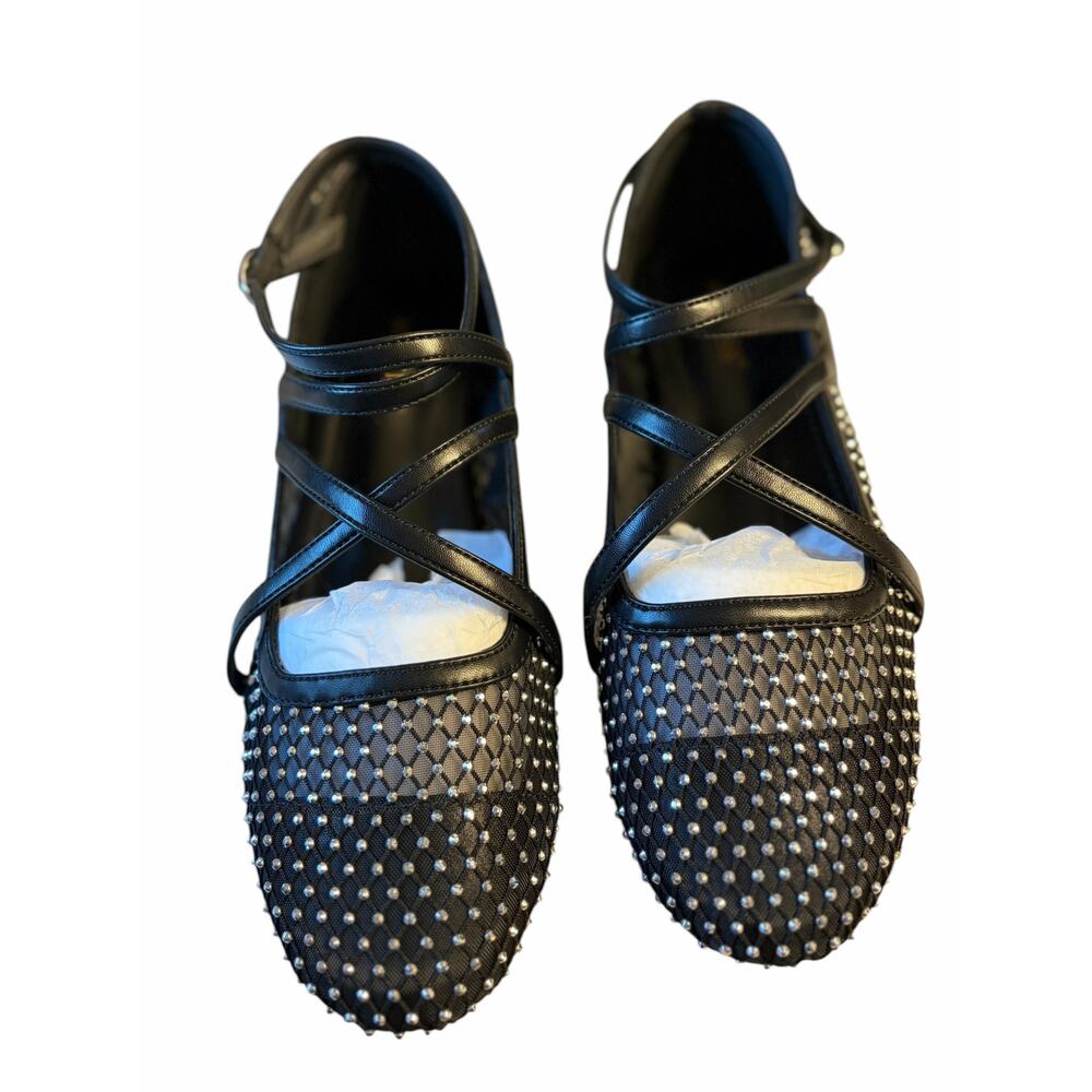 Wetkiss Black Rhinestone Mesh Ballet Flats Mary Jane Strappy Size 8.5 NWT